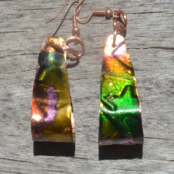Green Yellow Pure Copper Hoops Embossed Earrings Stars Handmade Psychedelic - Picture 4 of 5